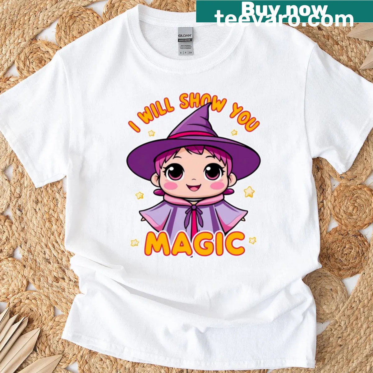 Playful I Will Show You Magic t-shirt with whimsical typography — on a men's t-shirt