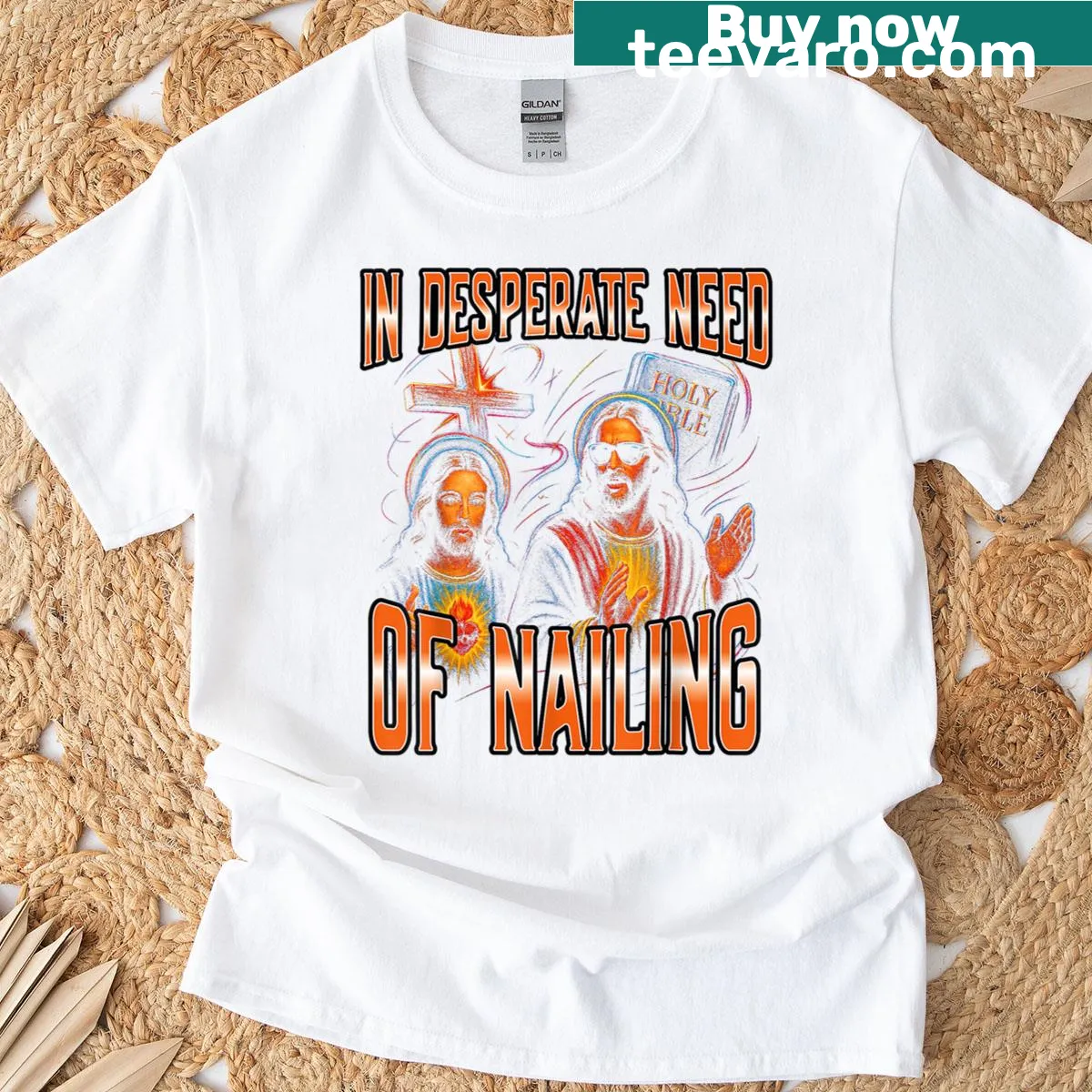 Humorous Bible Jesus meme t-shirt with playful illustrations — on a men's t-shirt