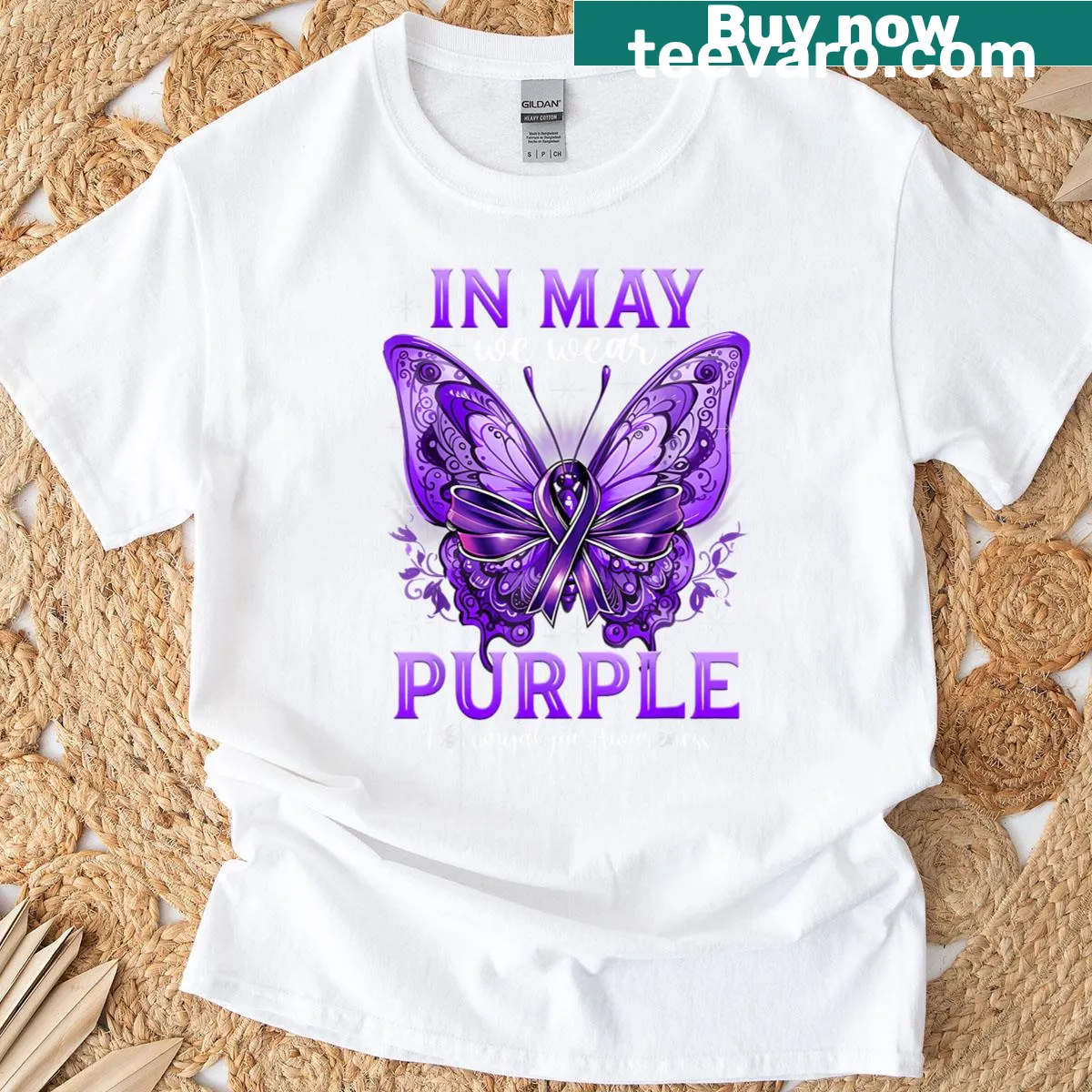 Fibromyalgia Awareness t-shirt with butterfly illustration — on a men's t-shirt