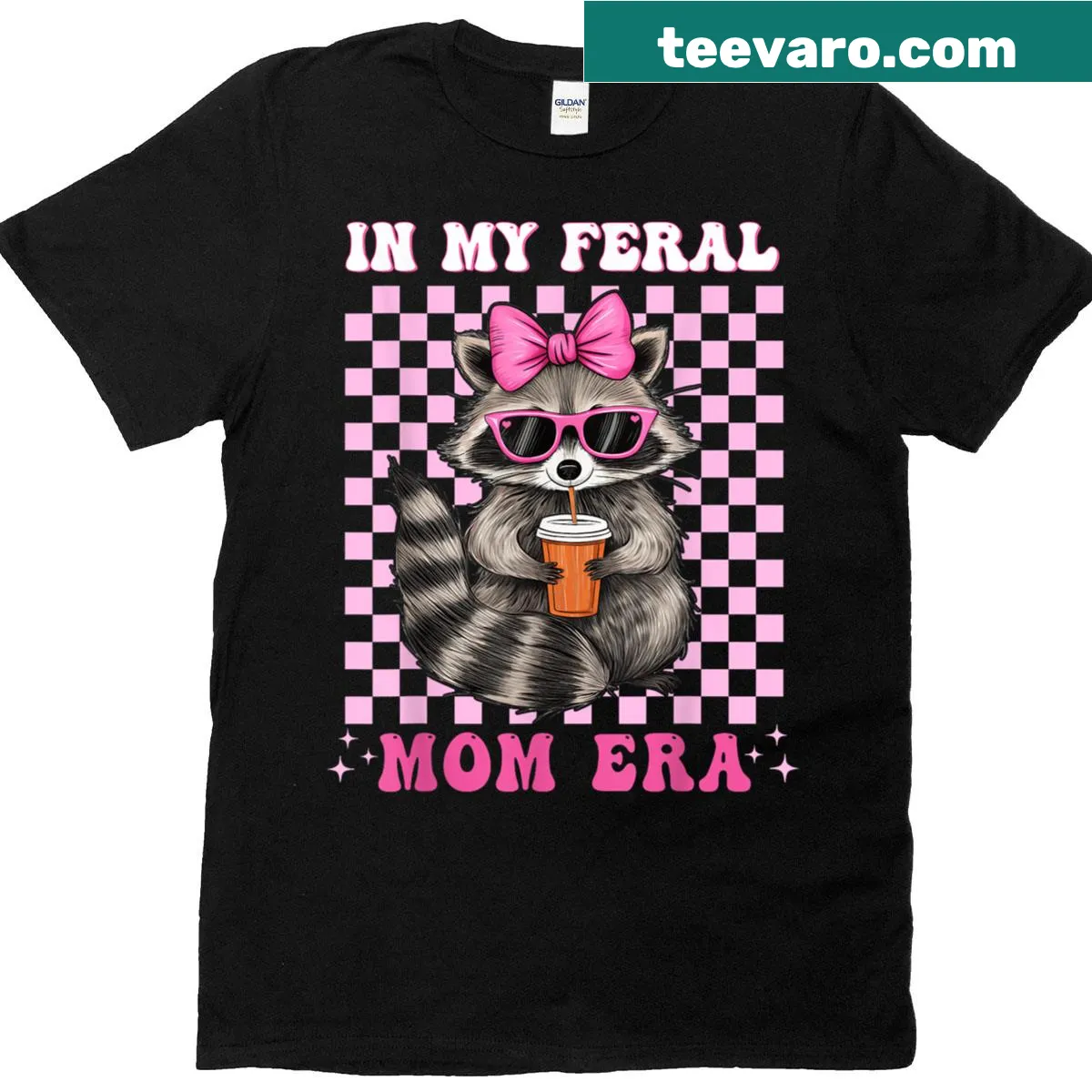 Humorous T-shirt featuring a raccoon and 'feral mom' phrase — on a men's t-shirt