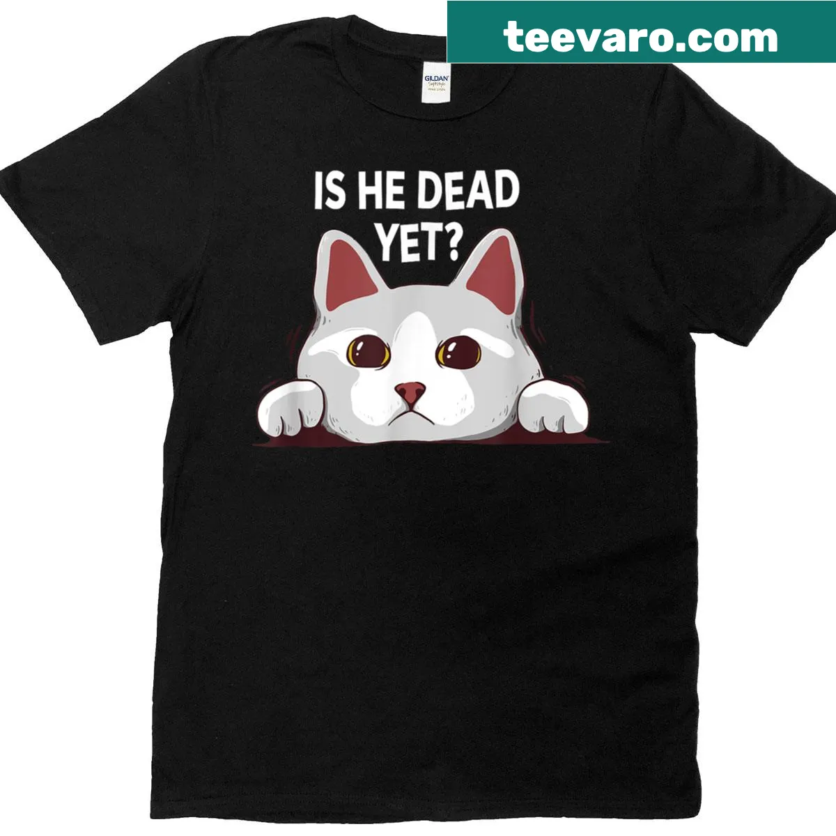 Funny t-shirt with text 'Is He Vintage Dead Yet' regarding cats — on a men's t-shirt