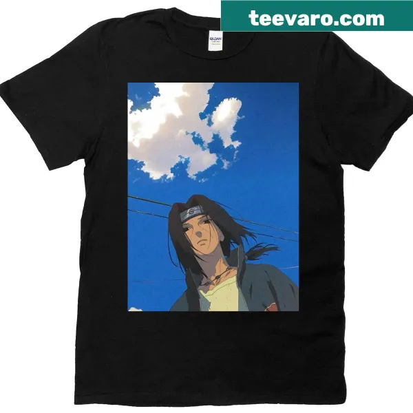 Graphic t-shirt featuring Itachi under a blue sky