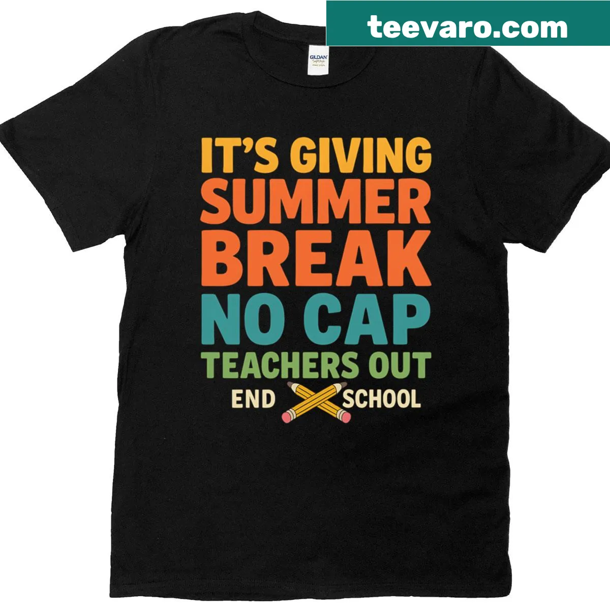 Funny t-shirt with the phrase 'It's Giving Summer Break No Cap' — on a men's t-shirt