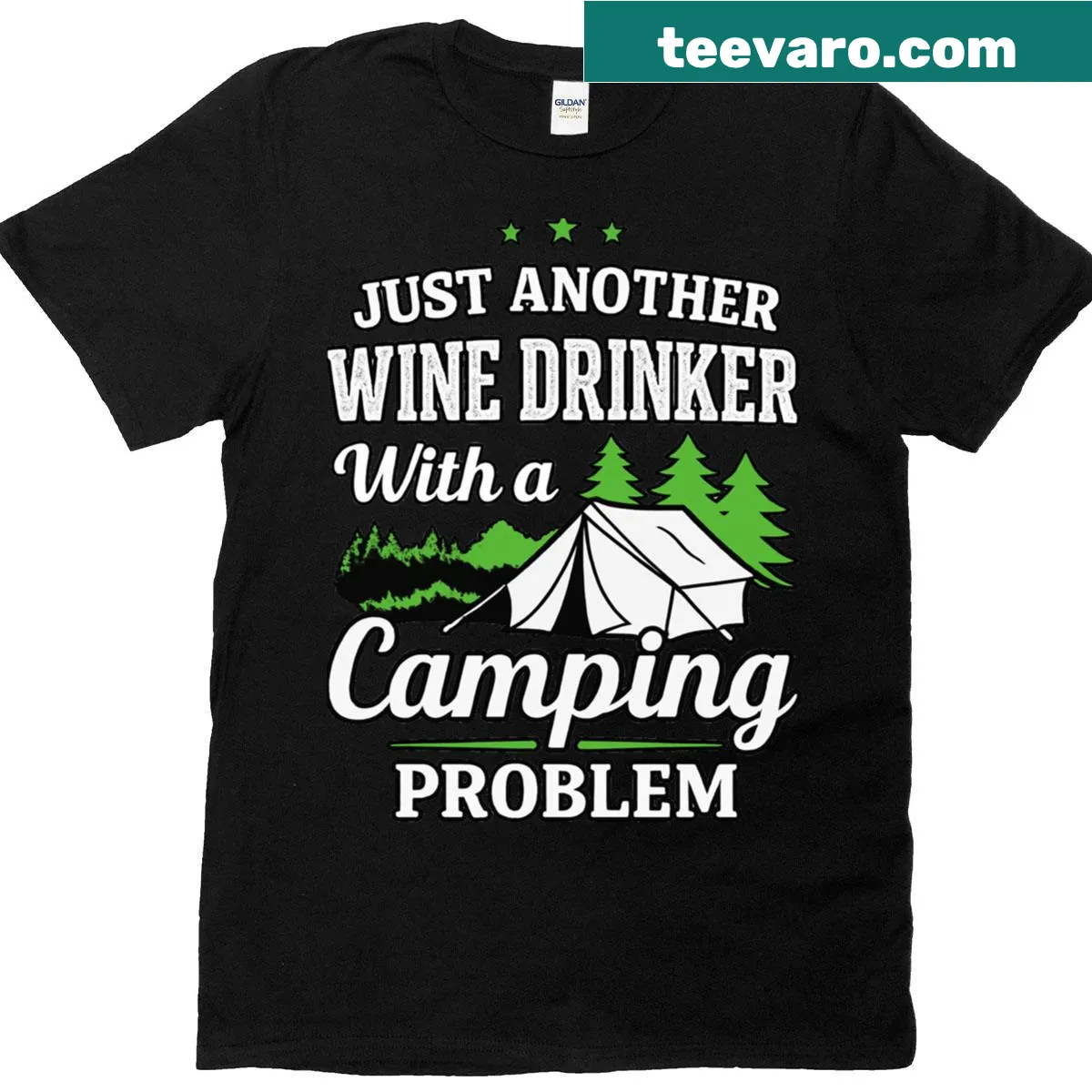 Funny T-shirt combining camping and wine themes — on a men's t-shirt