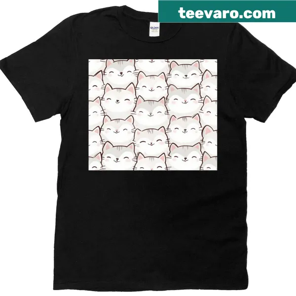 Kawaii cartoon cats in playful poses on a cheerful t-shirt