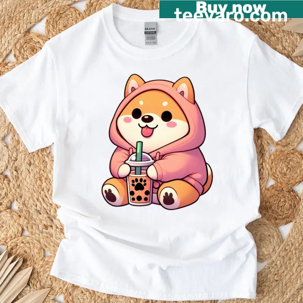 Kawaii Shiba Inu drinking boba tea graphic on a T-shirt.