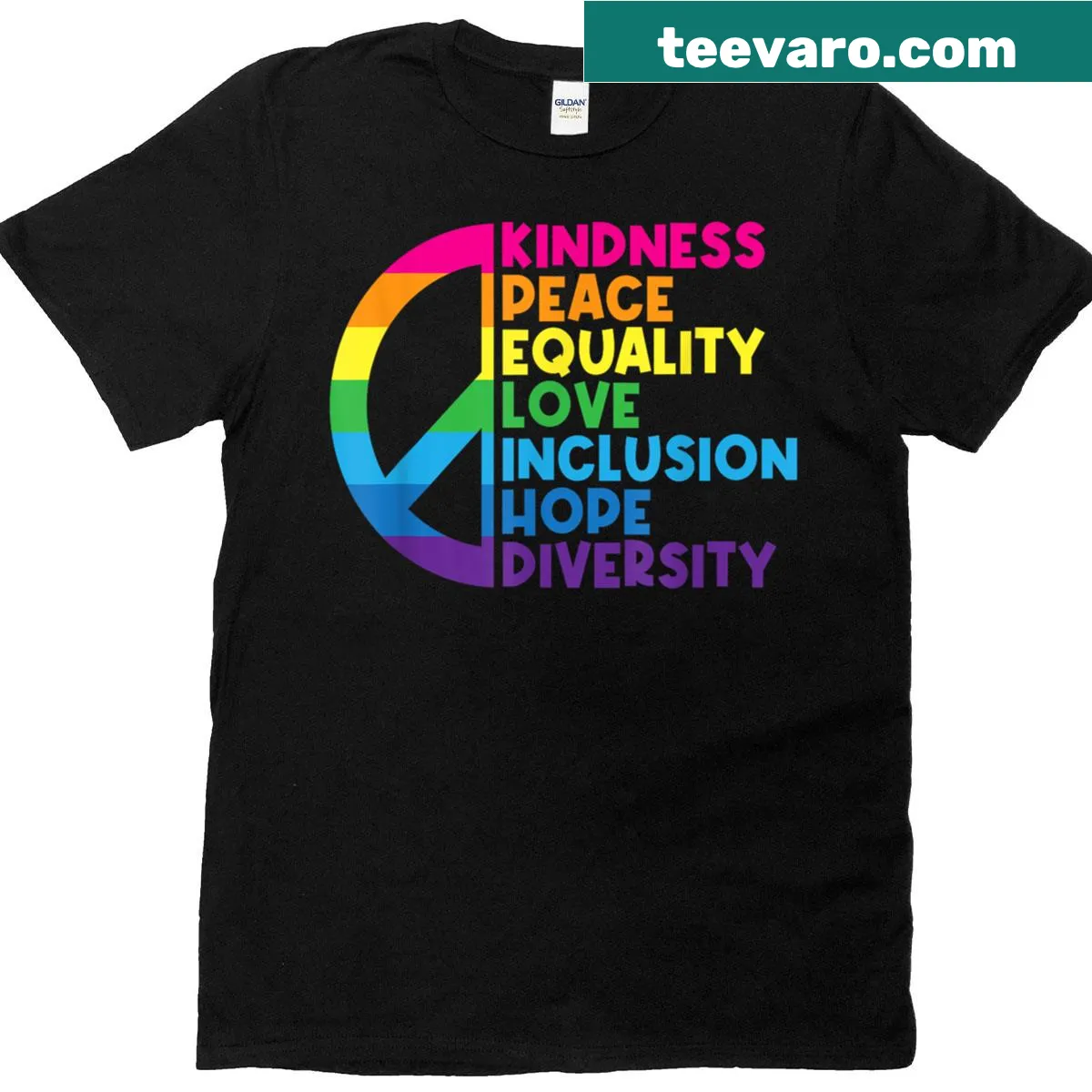 Black t-shirt with typography displaying kindness, peace, and equality — on a men's t-shirt