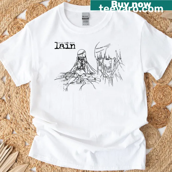 Minimalist line-art design of Lain on a black T-shirt