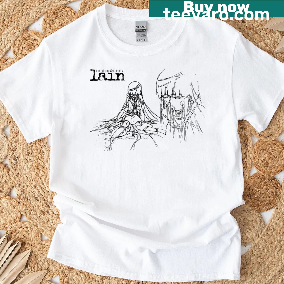 Minimalist line-art design of Lain on a black T-shirt — on a men's t-shirt
