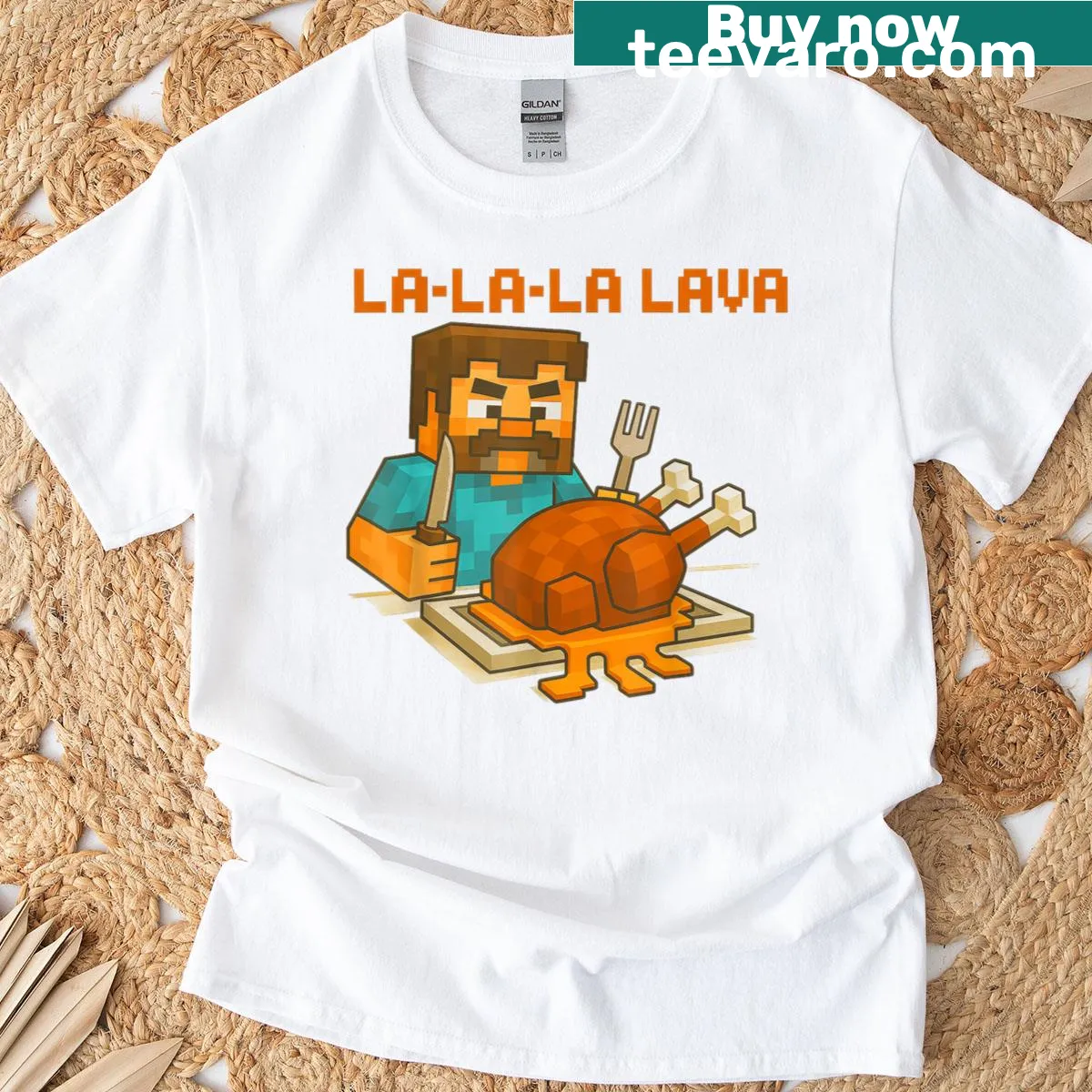 Pixel art t-shirt with gaming phrase 'Lalala Lava Make Some Chicken' — on a men's t-shirt