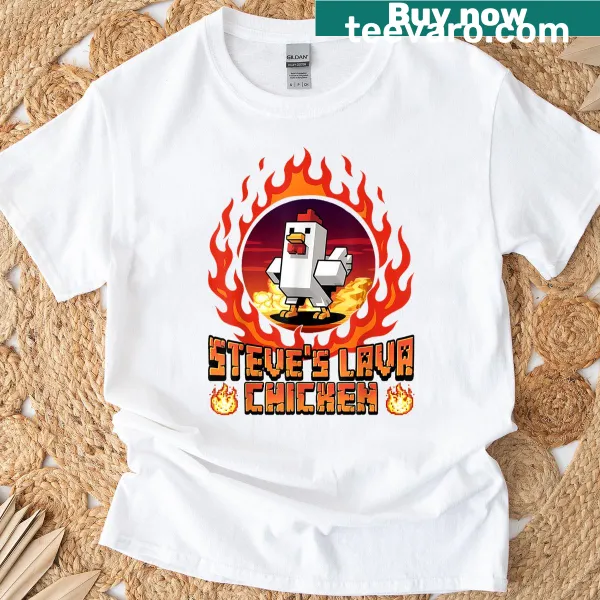 Cartoon design of Lava Chicken miners and Steve on a kids gaming T-shirt
