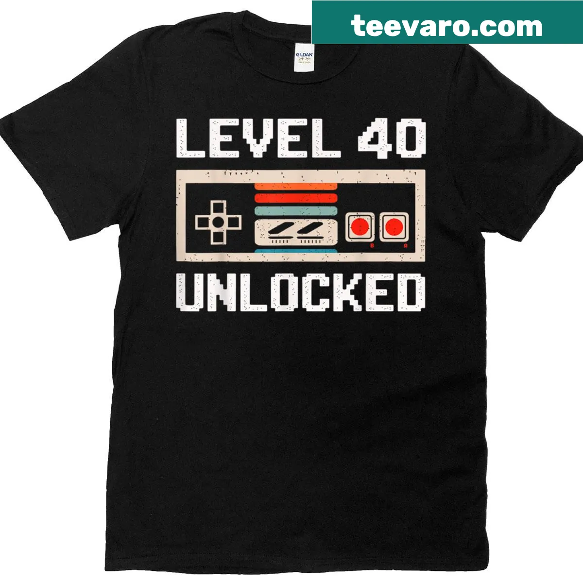 Vintage-level 40 unlocked gaming t-shirt for birthdays — on a men's t-shirt