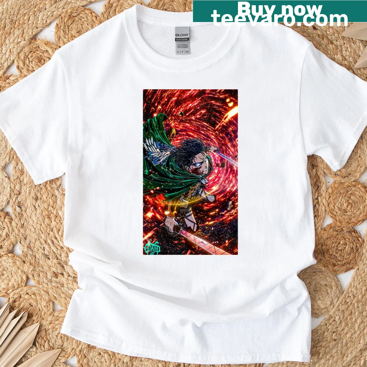 Illustration of Levi from Last Stand on a premium scoop T-shirt — on a men's t-shirt