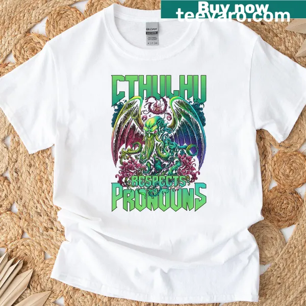 Cartoon Cthulhu with pride flag and text about respecting pronouns