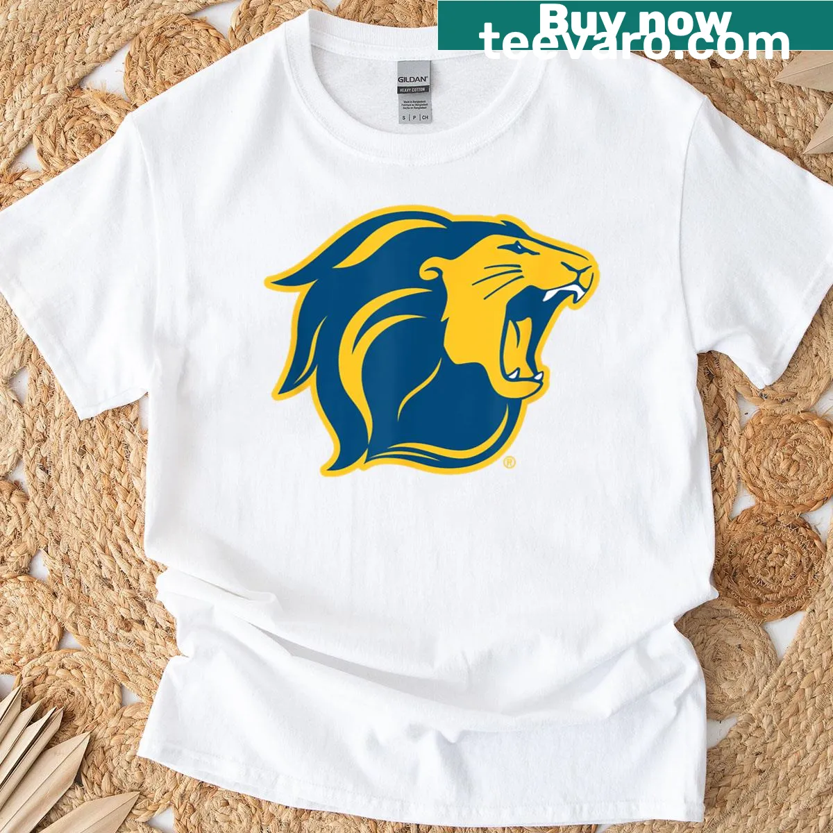 Lion mascot emblem for The College of New Jersey on T-shirt — on a men's t-shirt