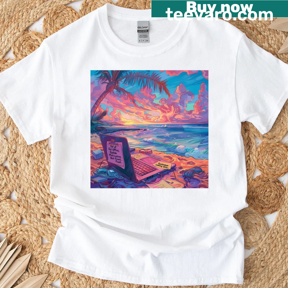 Distressed vintage graphic t-shirt with a vaporwave beach vibe — on a men's t-shirt