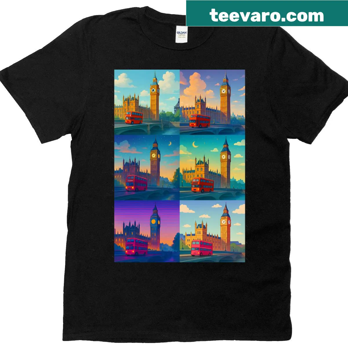 Artistic oversized t-shirt showcasing reimagined London elements — on a men's t-shirt