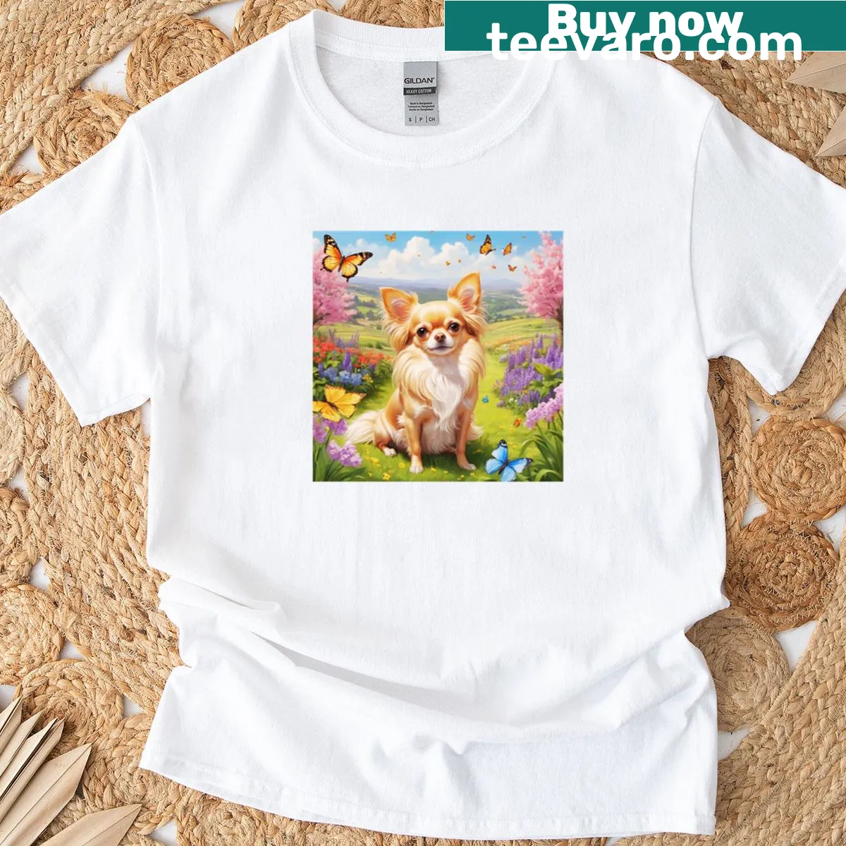 Illustration of long-haired Chihuahua in garden with butterflies on T-shirt — on a men's t-shirt