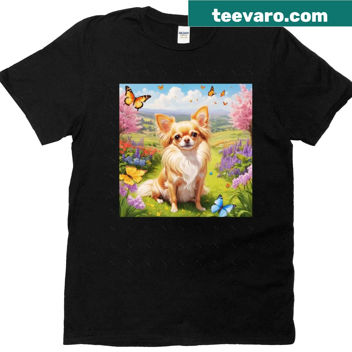 Illustration of a long-haired Chihuahua in a spring garden — on a men's t-shirt