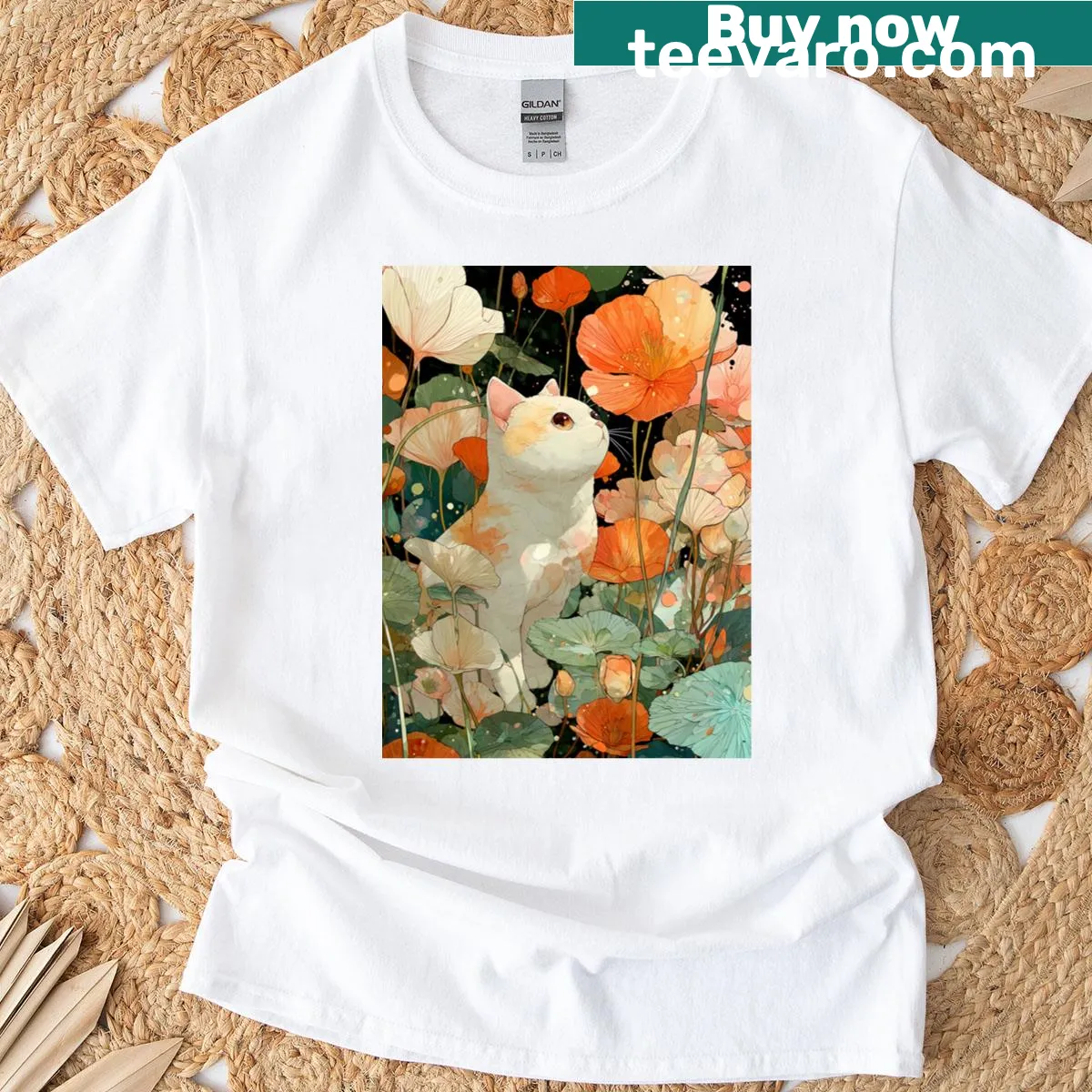 T-shirt featuring a low-angle view of blossoming flowers — on a men's t-shirt