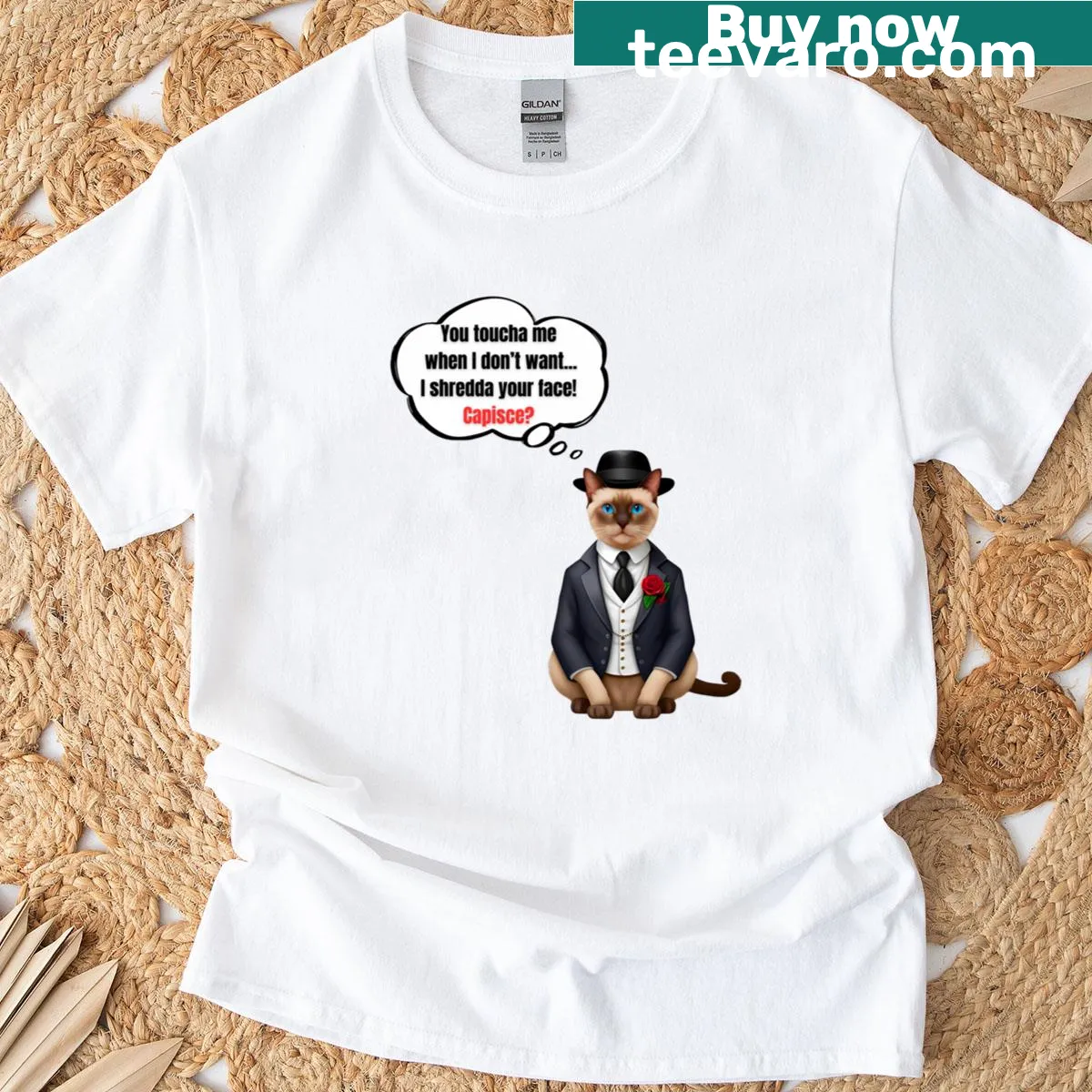 Funny T-shirt with a mafia boss Siamese cat graphic — on a men's t-shirt