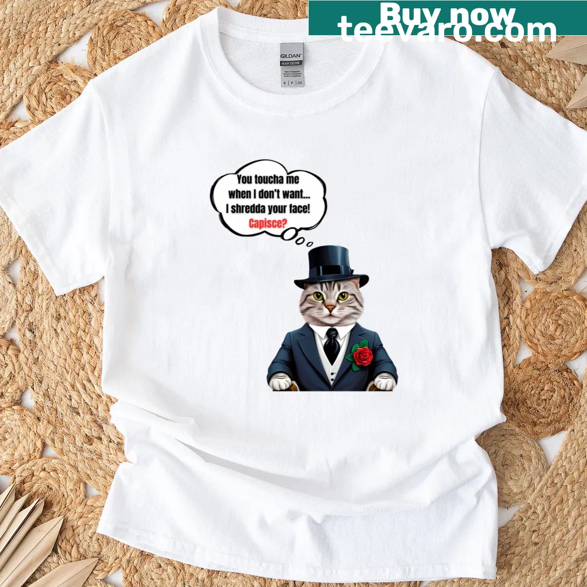 Funny silver tabby cat boss graphic t-shirt — on a men's t-shirt