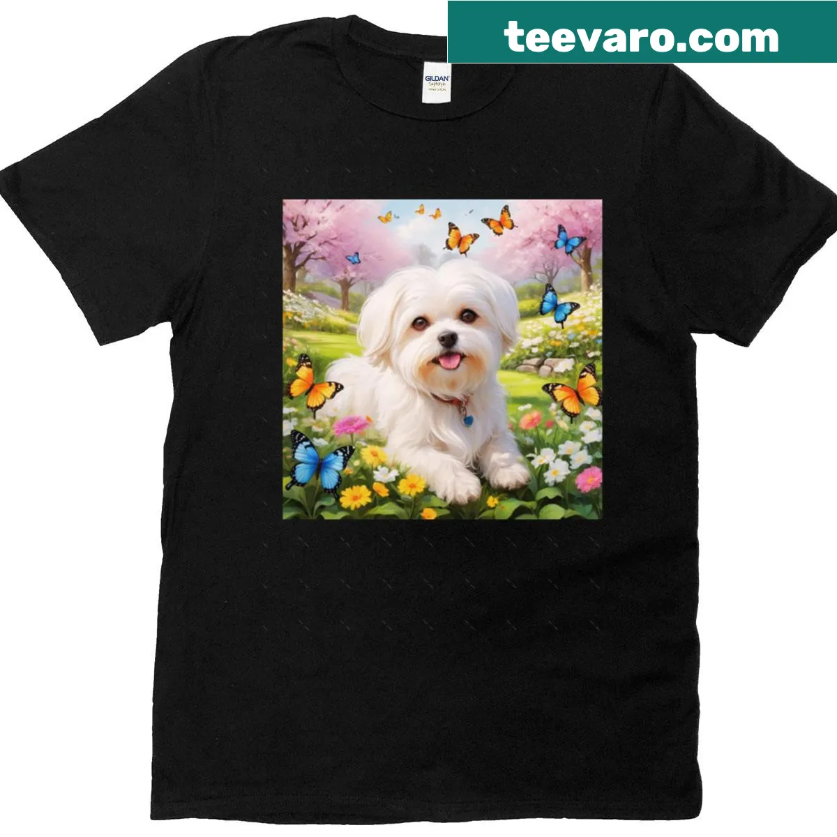 Oversized t-shirt featuring a Maltese dog in a spring garden with butterflies — on a men's t-shirt