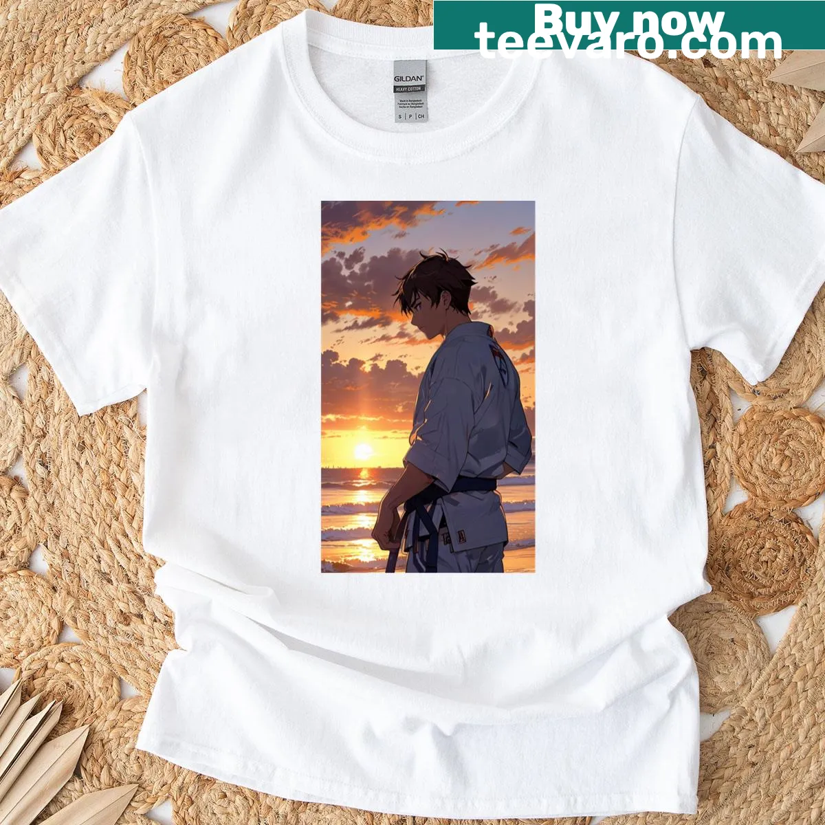 Martial arts scene illustrated at dusk on t-shirt — on a men's t-shirt
