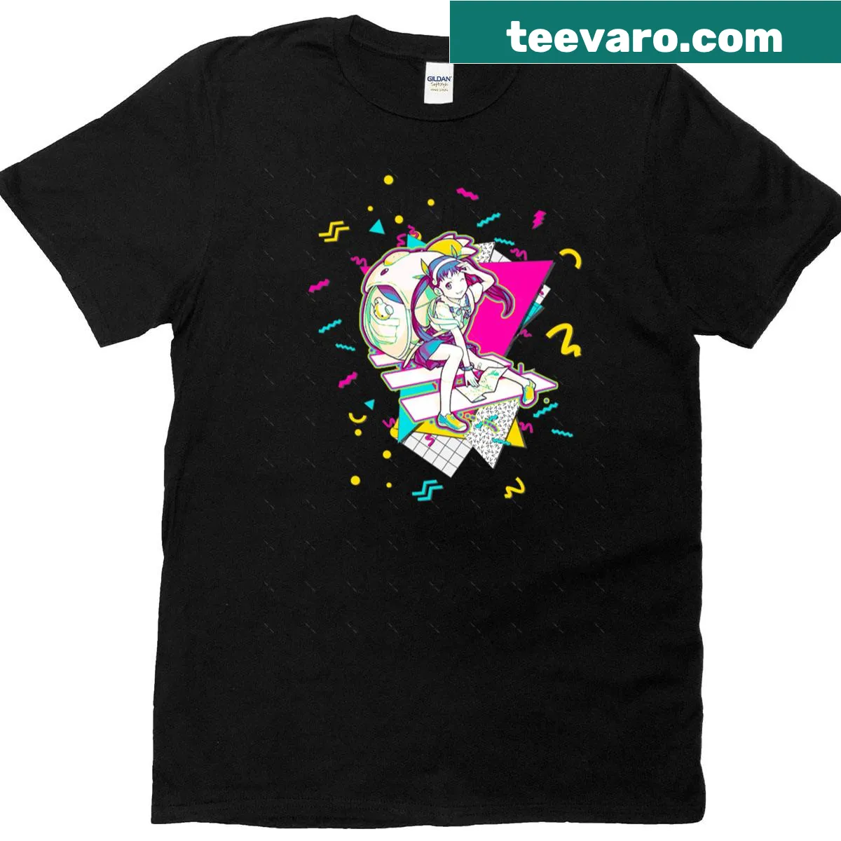 Oversized T-shirt featuring nostalgic 90s design from Mayoi Monogatari series. — on a men's t-shirt