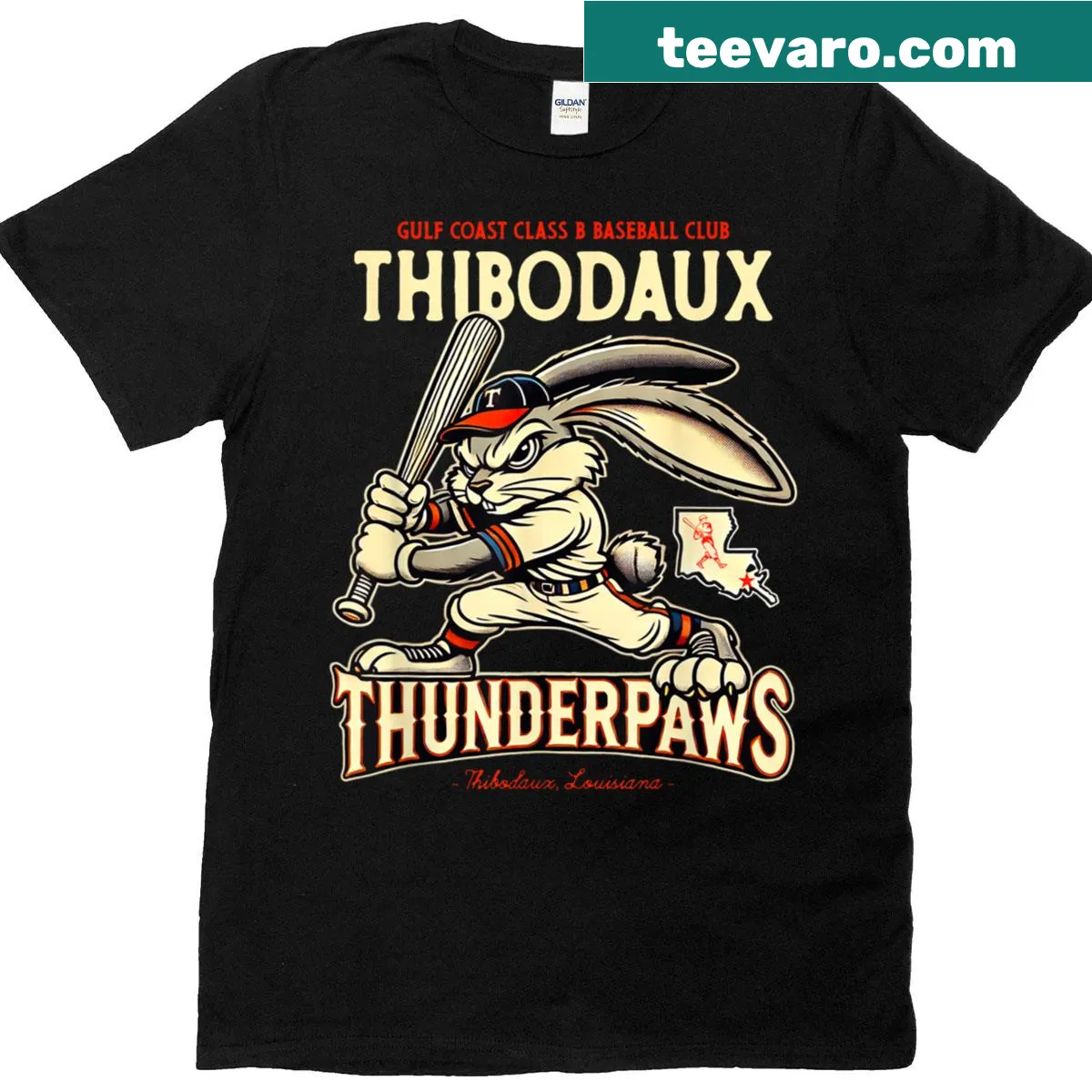 Thibodaux Thunderpaws minor league baseball team T-shirt — on a men's t-shirt