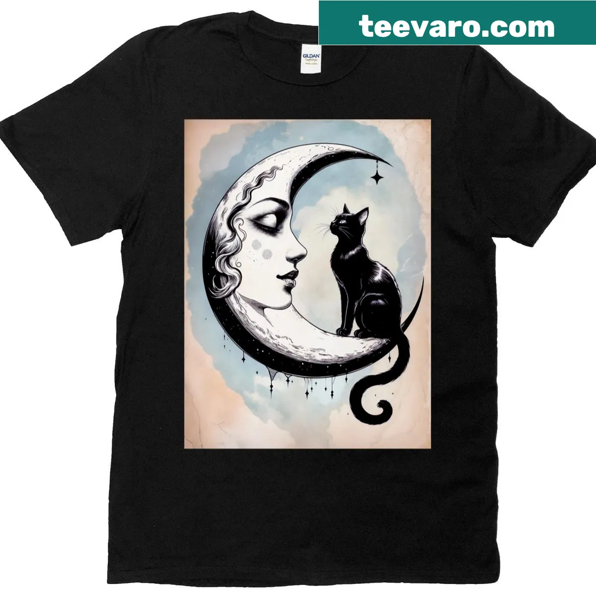 Vintage-style T-shirt featuring a cat silhouette against a moon — on a men's t-shirt