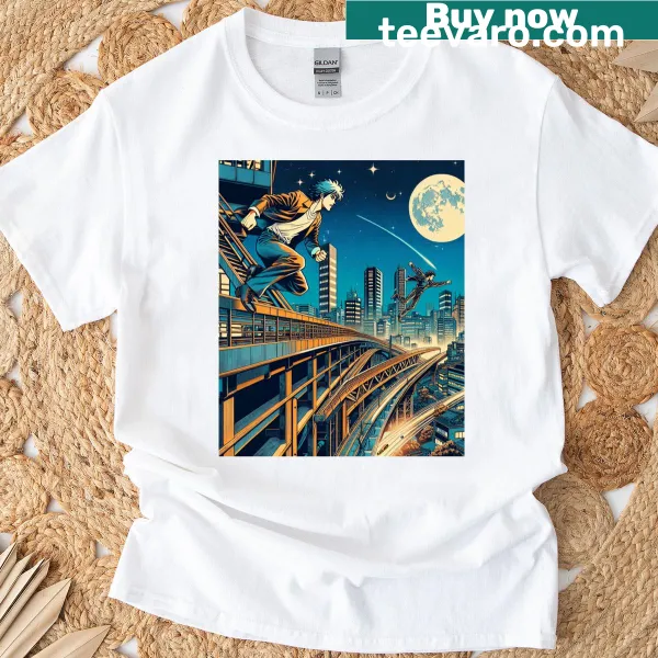 Futuristic graphic featuring a chase scene in Neo-Tokyo