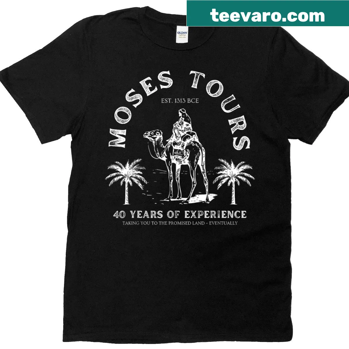 Funny Passover T-shirt featuring Moses leading to the Promised Land. — on a men's t-shirt