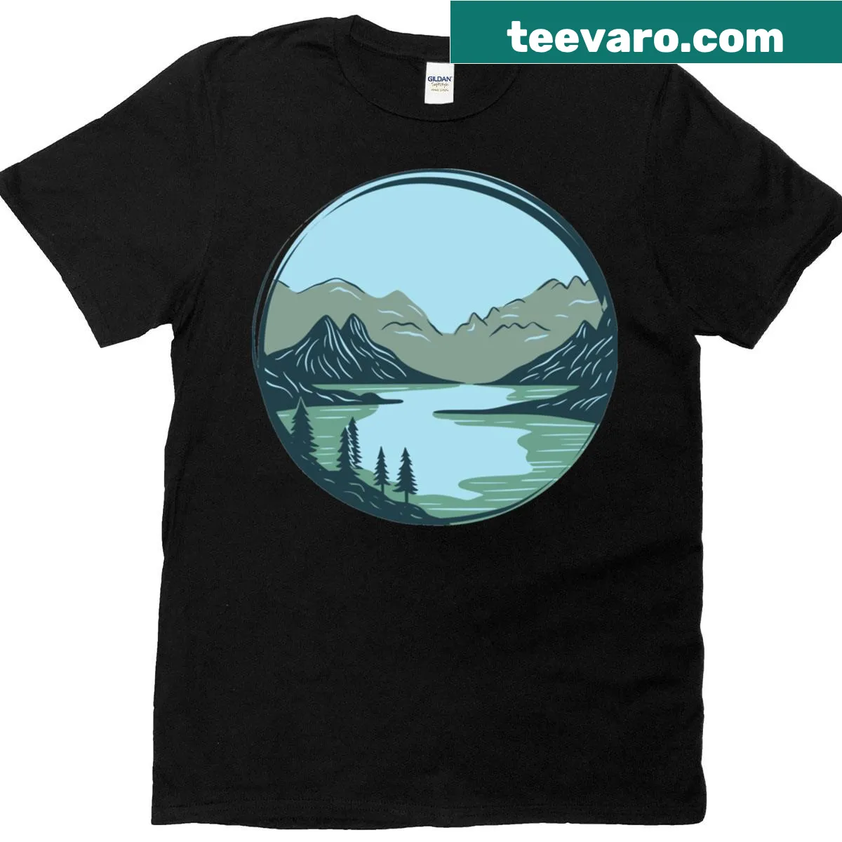 Minimalistic T-shirt featuring animated mountain trees and river art. — on a men's t-shirt