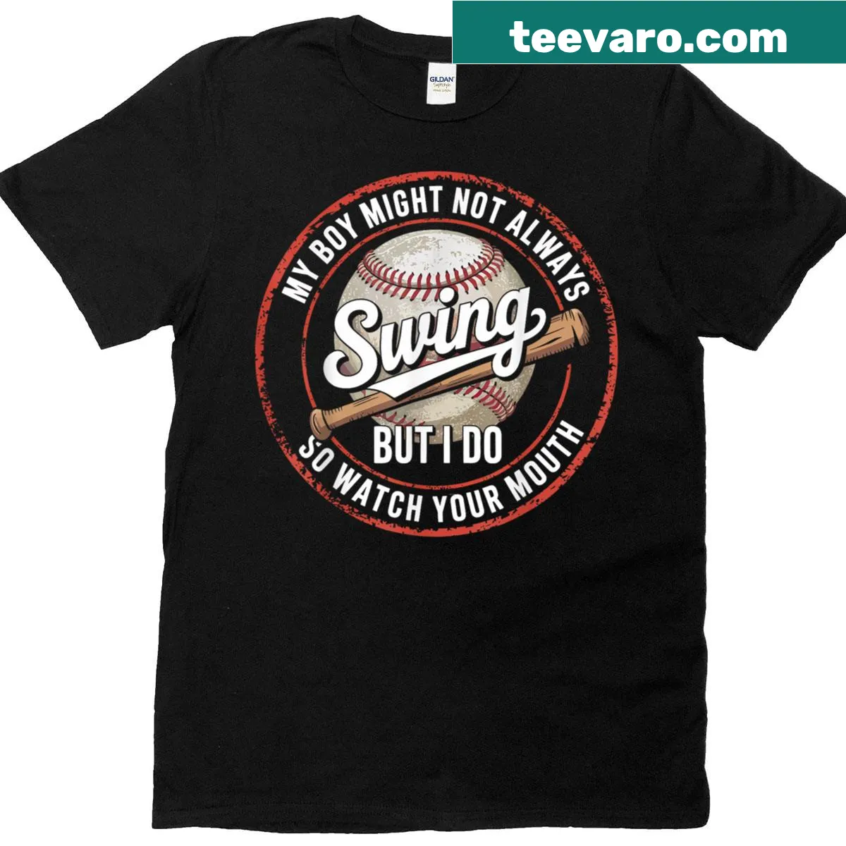 Funny baseball mom shirt with humorous text about support — on a men's t-shirt