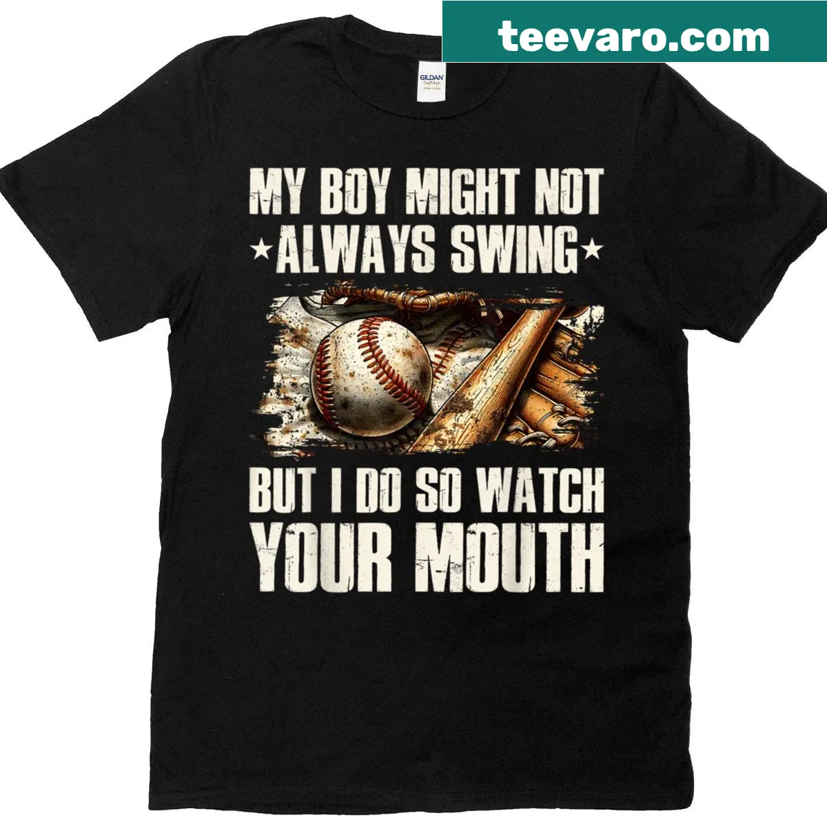 Funny baseball mom t-shirt with humorous text about swinging — on a men's t-shirt