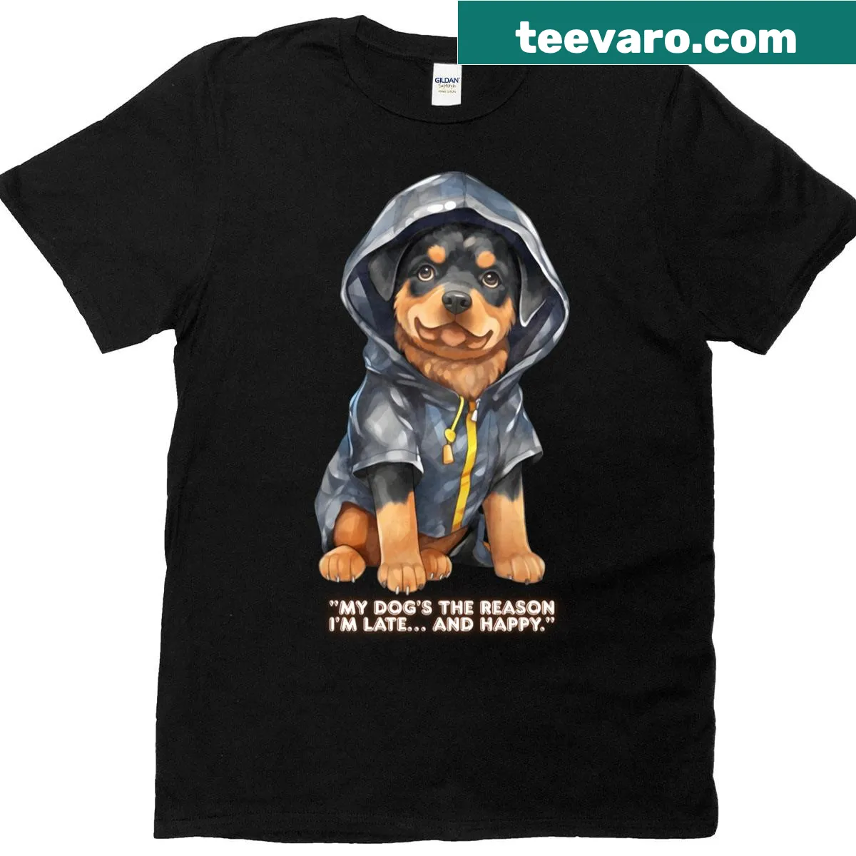 Oversized funny t-shirt about being late due to dogs — on a men's t-shirt