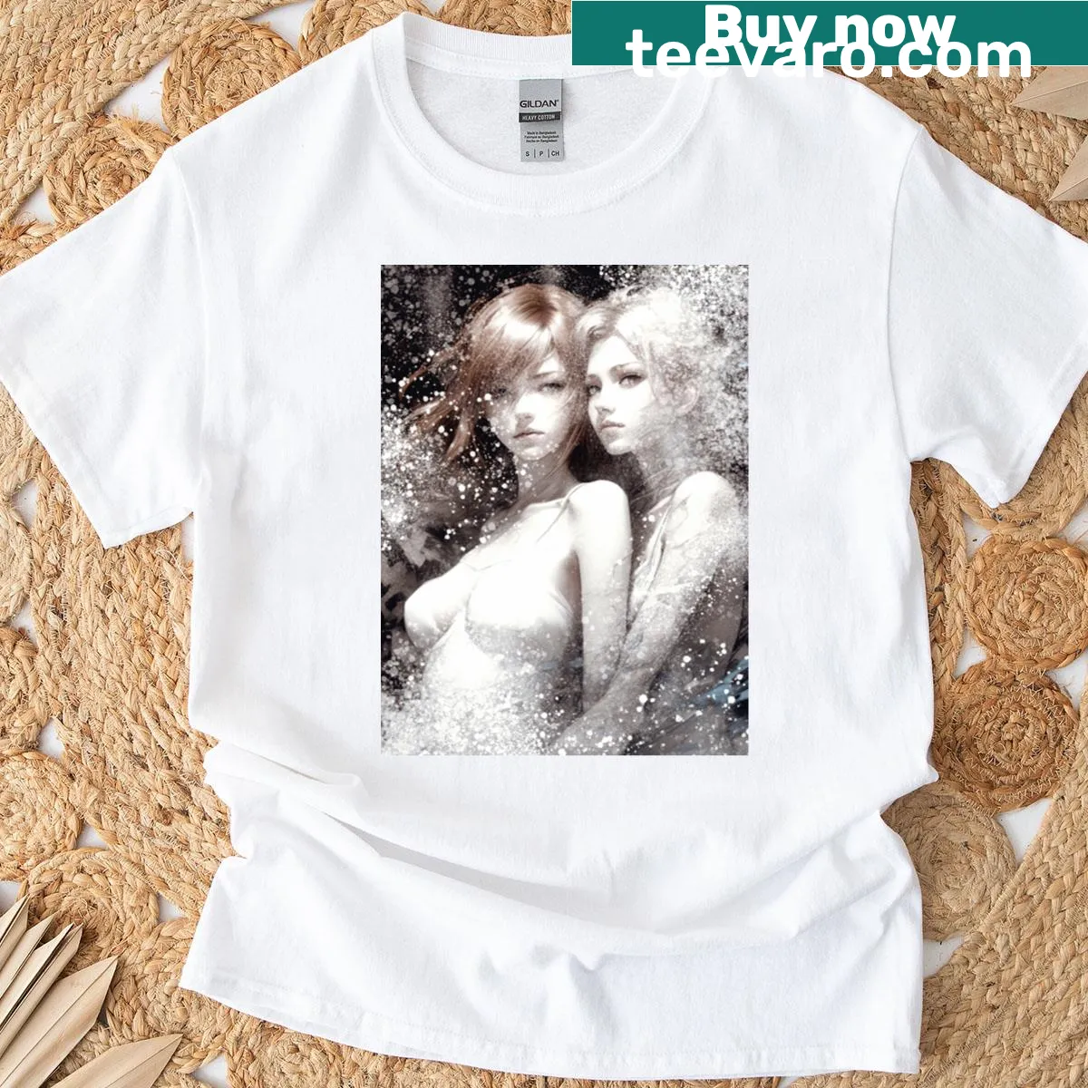 Illustrative graphic of two figures with celestial elements — on a men's t-shirt