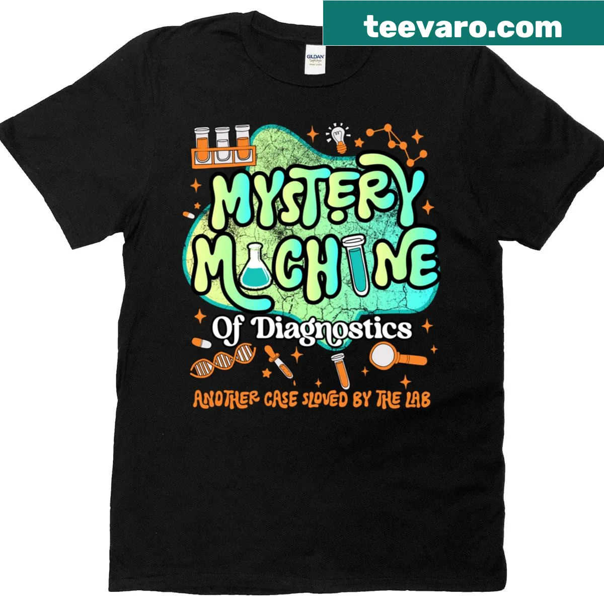 Cartoon T-shirt featuring the Mystery Machine for Med Lab Techs — on a men's t-shirt