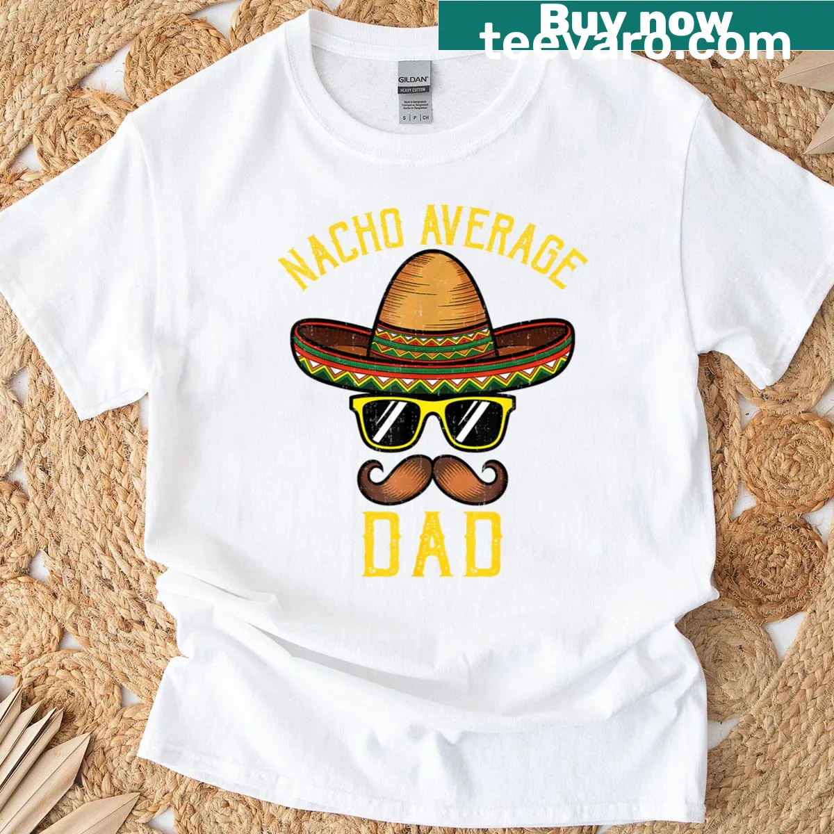 Funny Cinco De Mayo t-shirt with 'Nacho Average Dad' and sombrero illustration — on a men's t-shirt