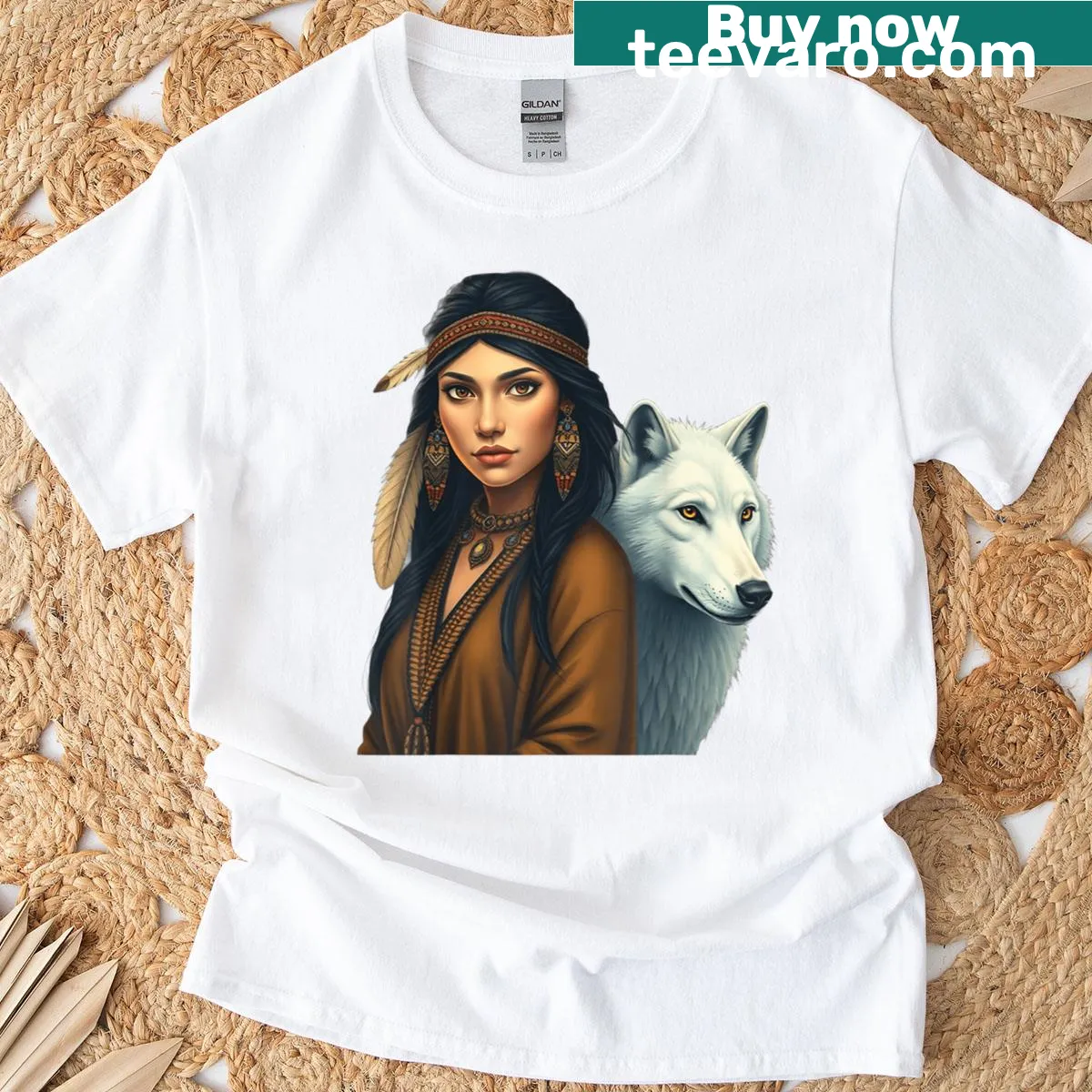 Artistic graphic featuring wolves and Native American themes — on a men's t-shirt