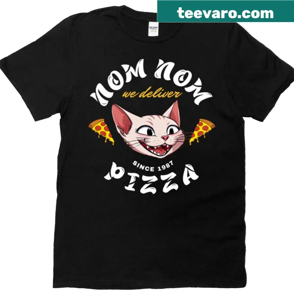 Playful T-shirt with 'Nom Nom Pizza' illustration