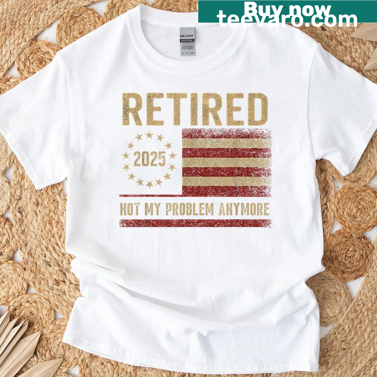 Retirement t-shirt with US flag and text 'Not My Problem Anymore' — on a men's t-shirt