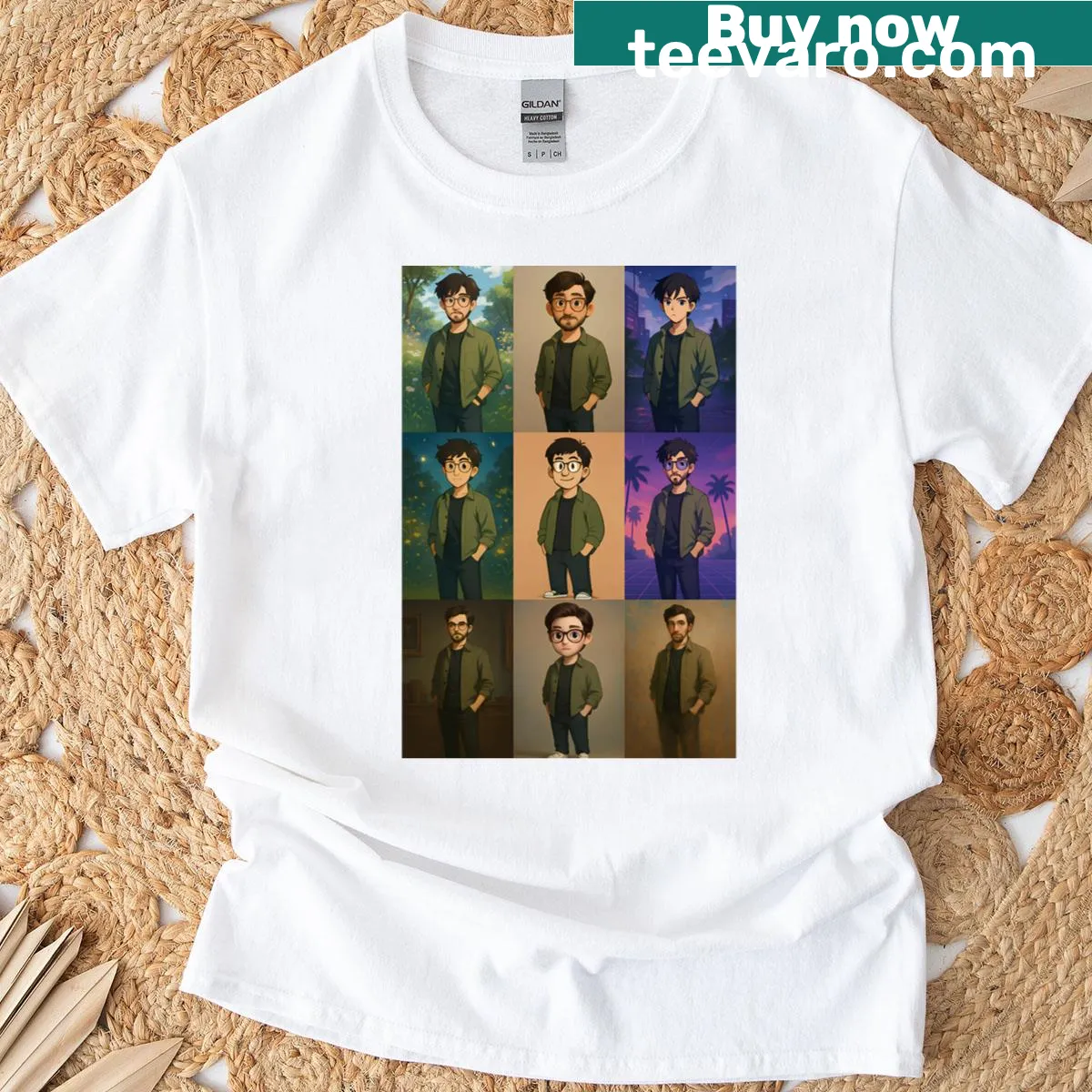 Stylized portrait grid t-shirt featuring various iconic art genres — on a men's t-shirt