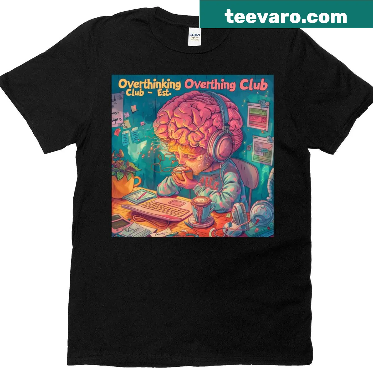Oversized t-shirt with a funny cartoon brain design for the Overthinking Club — on a men's t-shirt