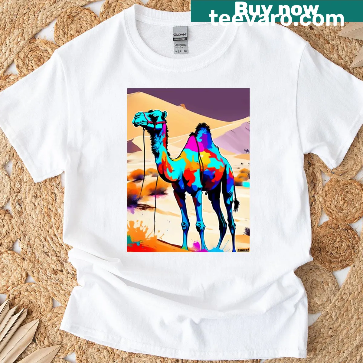 Illustrative t-shirt featuring playful camel design with artsy accents — on a men's t-shirt