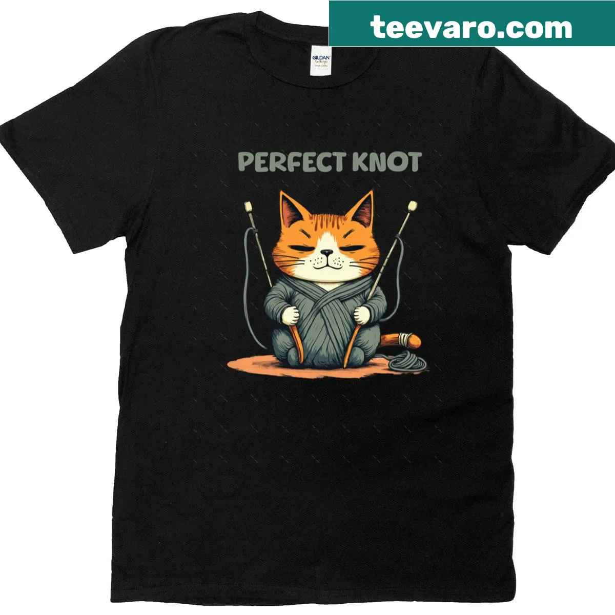 Illustrated knitting cat design on oversized t-shirt — on a men's t-shirt