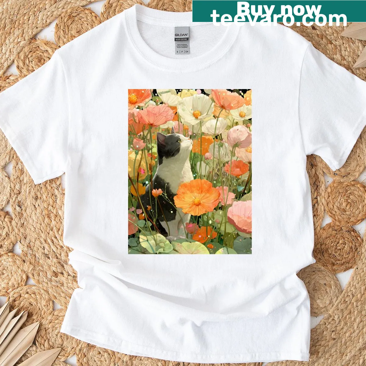 T-shirt featuring floral and paw print design — on a men's t-shirt
