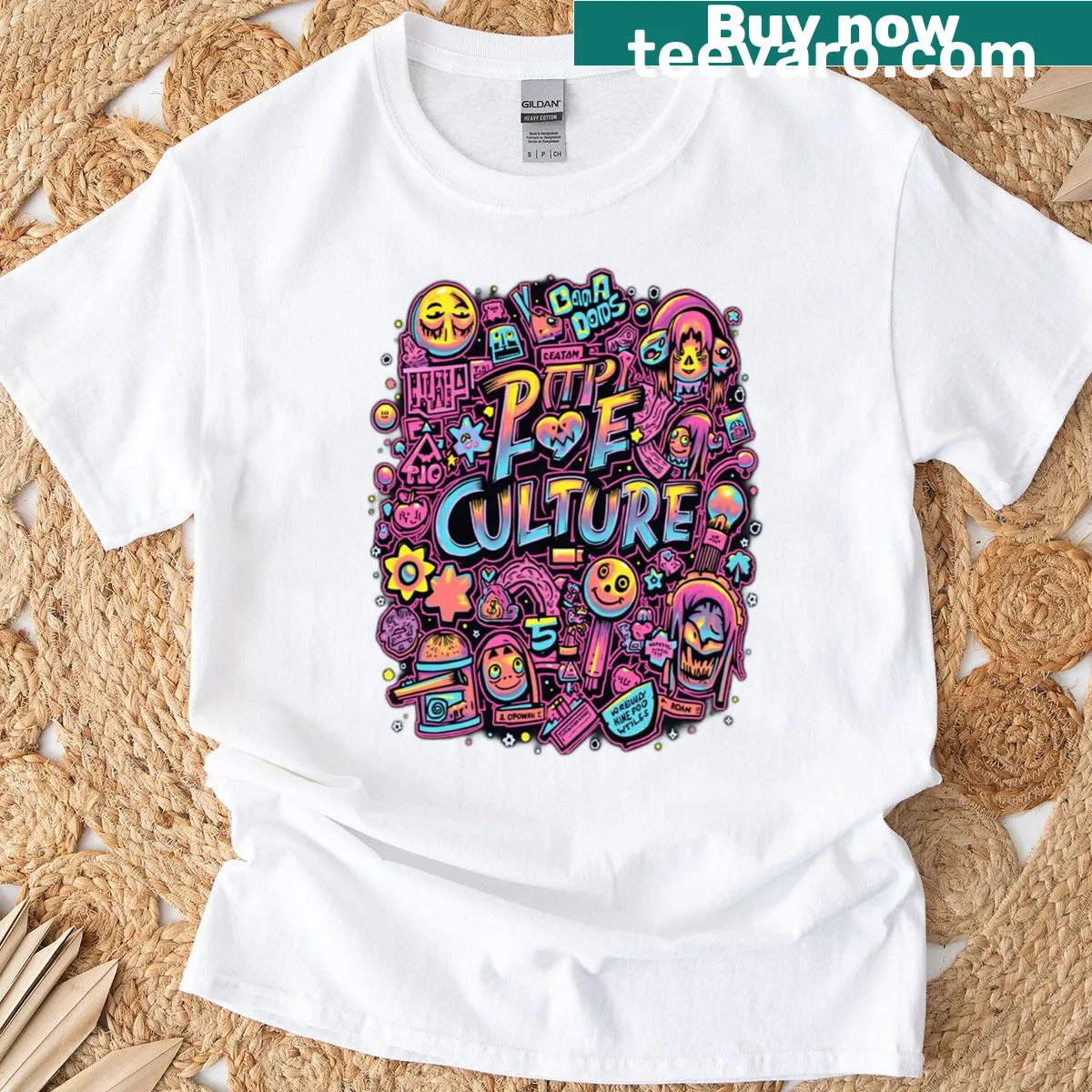 Pop culture themed t-shirt with retro graphics — on a men's t-shirt