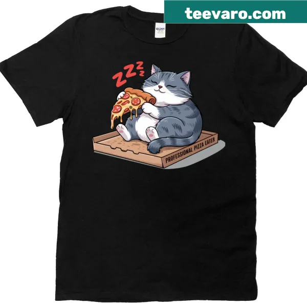 Illustration of a cute cat sleeping on a pizza box on a T-shirt